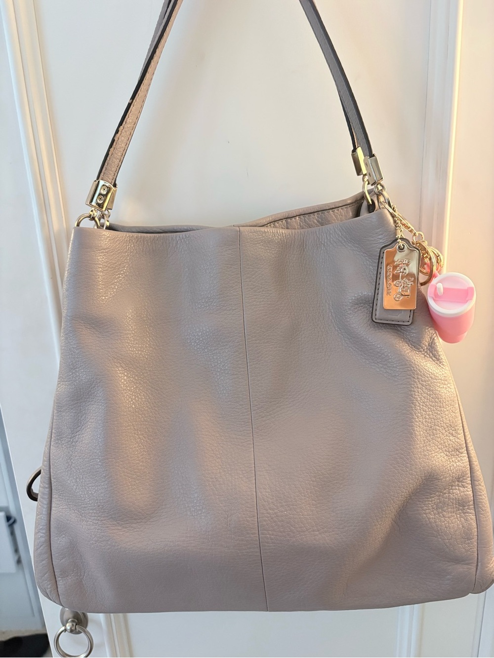 Coach Taupe Leather Shoulder Bag with Pink Charm Bottle Holder